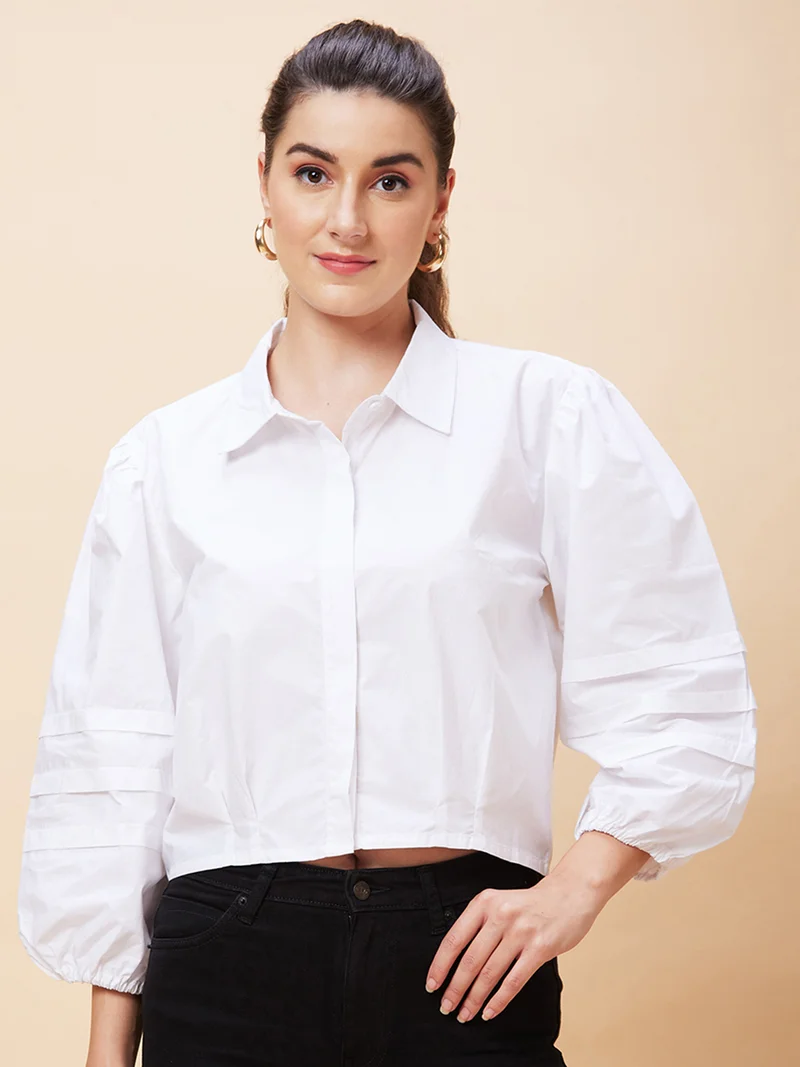 globus Women White Puff Sleeve Pure Cotton Shirt Style Crop Top
