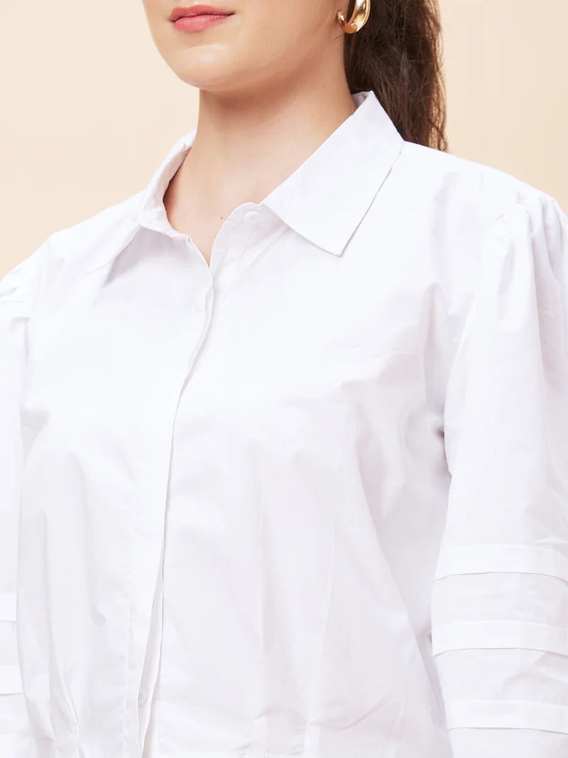 globus Women White Puff Sleeve Pure Cotton Shirt Style Crop Top