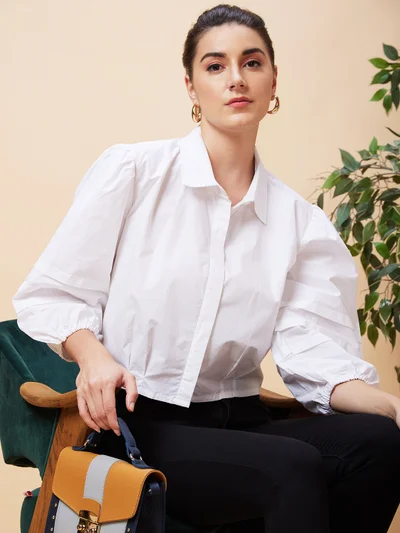 globus Women White Puff Sleeve Pure Cotton Shirt Style Crop Top