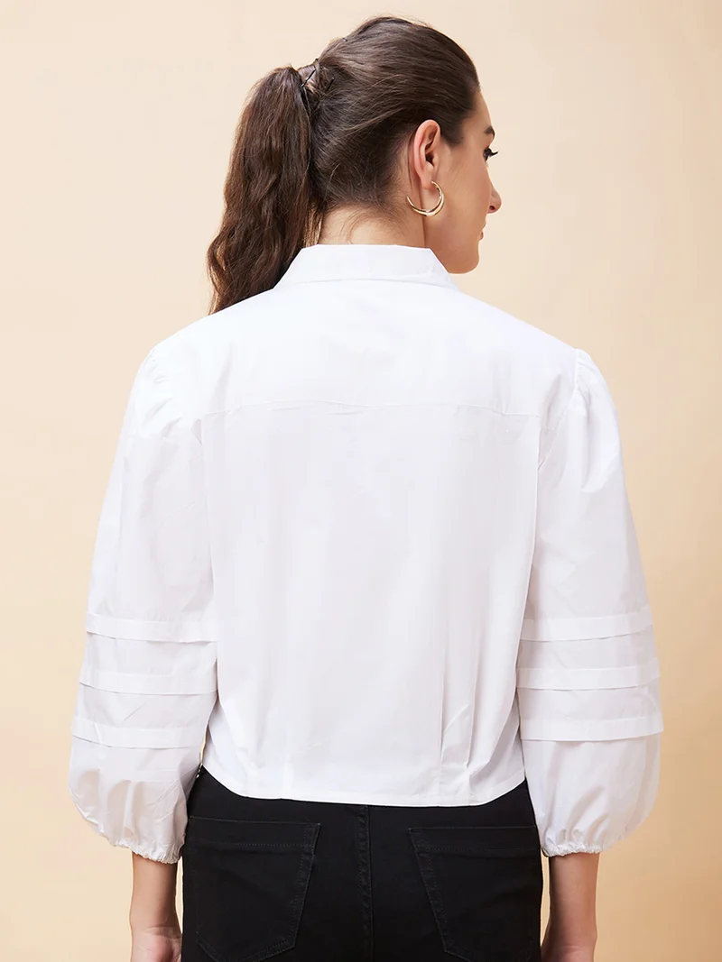 globus Women White Puff Sleeve Pure Cotton Shirt Style Crop Top