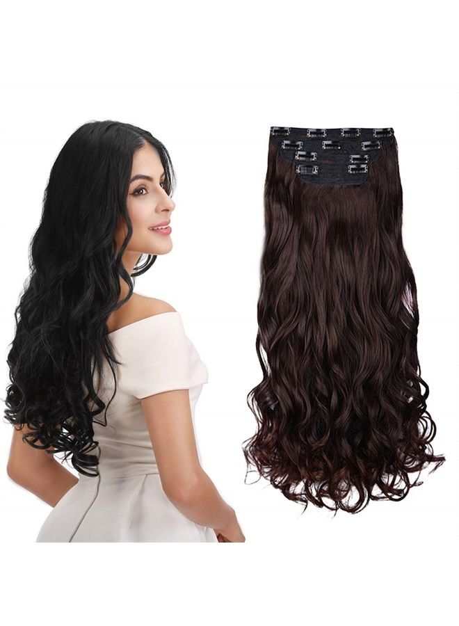 REECHO 24" Curly Wavy 4 Pieces Set Thick Clip in on Hair Extensions Dark Brown - Image 1
