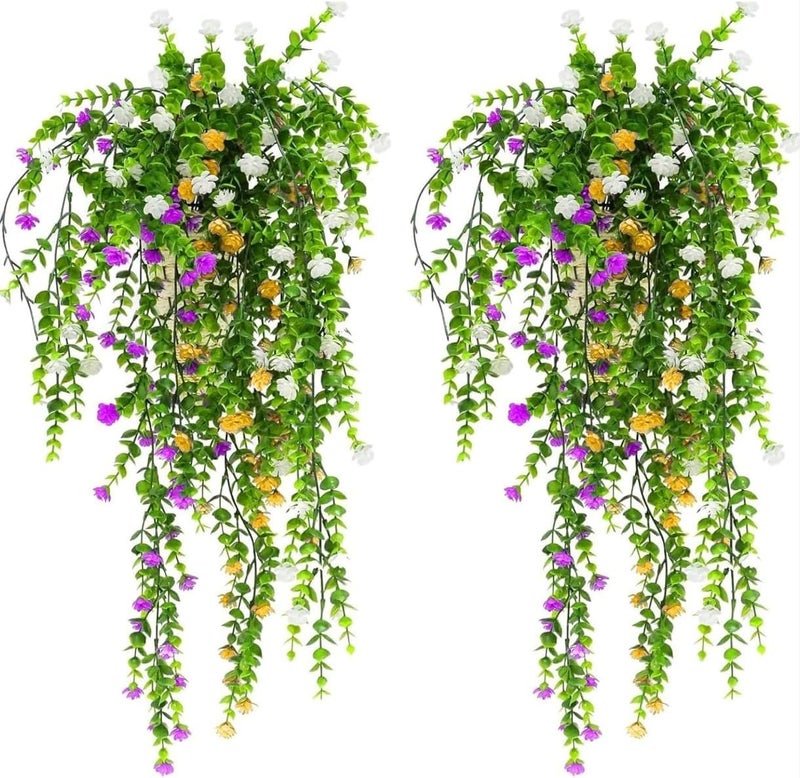 VRB Dec 2 Pcs Artificial Dry Baby's Breath Greenery Hanging Plants Vines Fake Ivy Hanging Flowers Vine Wall Hanging for Home Decor,Wall,Balcony Decoration. (2, Mix Multicolor Euclyptus Fern Hanging) - Image 1