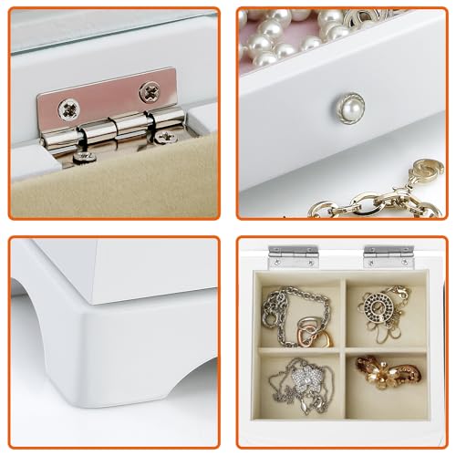 RR ROUND RICH DESIGN Jewelry Box - Made of Solid Wood with 4 Drawers Organizer and Built-in Necklace Carousel and Large Mirror White - Image 4