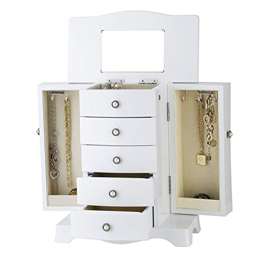 RR ROUND RICH DESIGN Jewelry Box - Made of Solid Wood with 4 Drawers Organizer and Built-in Necklace Carousel and Large Mirror White - Image 3