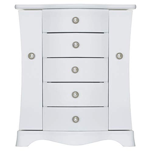 RR ROUND RICH DESIGN Jewelry Box - Made of Solid Wood with 4 Drawers Organizer and Built-in Necklace Carousel and Large Mirror White - Image 1