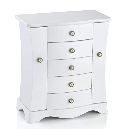 RR ROUND RICH DESIGN Jewelry Box - Made of Solid Wood with 4 Drawers Organizer and Built-in Necklace Carousel and Large Mirror White - Image 2