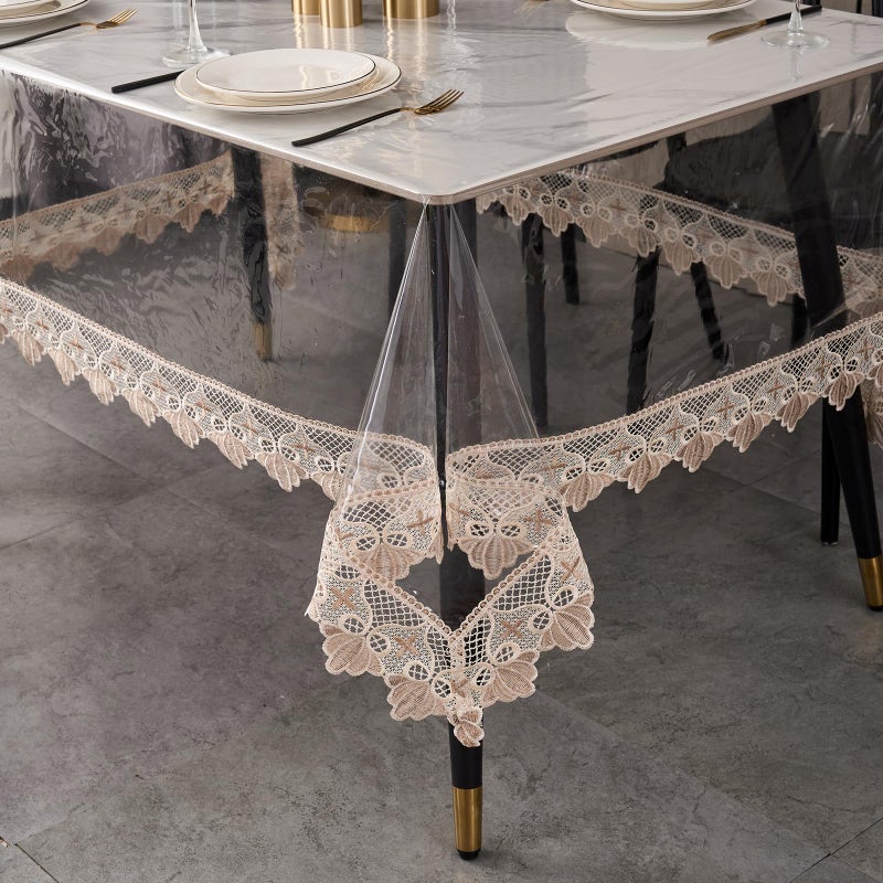 LIBERECOO Clear Vinyl Tablecloth with Stitched Loral Lace Trim, 60 x 120 Waterproof Oilproof Plastic Table Cover with Embroidered Edge Tablecloths Protector - Image 1