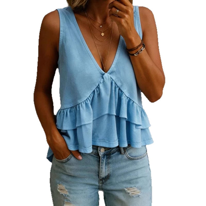 Women's Solid Color V-Neck Ruffle Sleeveless Vest - Image 5