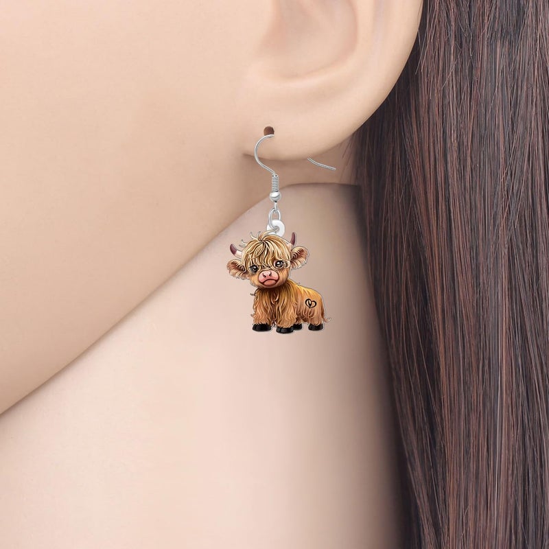 BONSNY Acrylic Highland Cow Earrings Dangle Gifts, Cute Cartoon Animal Design, Farm Animals Jewelry for Women Novelty Fun Hypoallergenic Charms (Brown) - Image 2