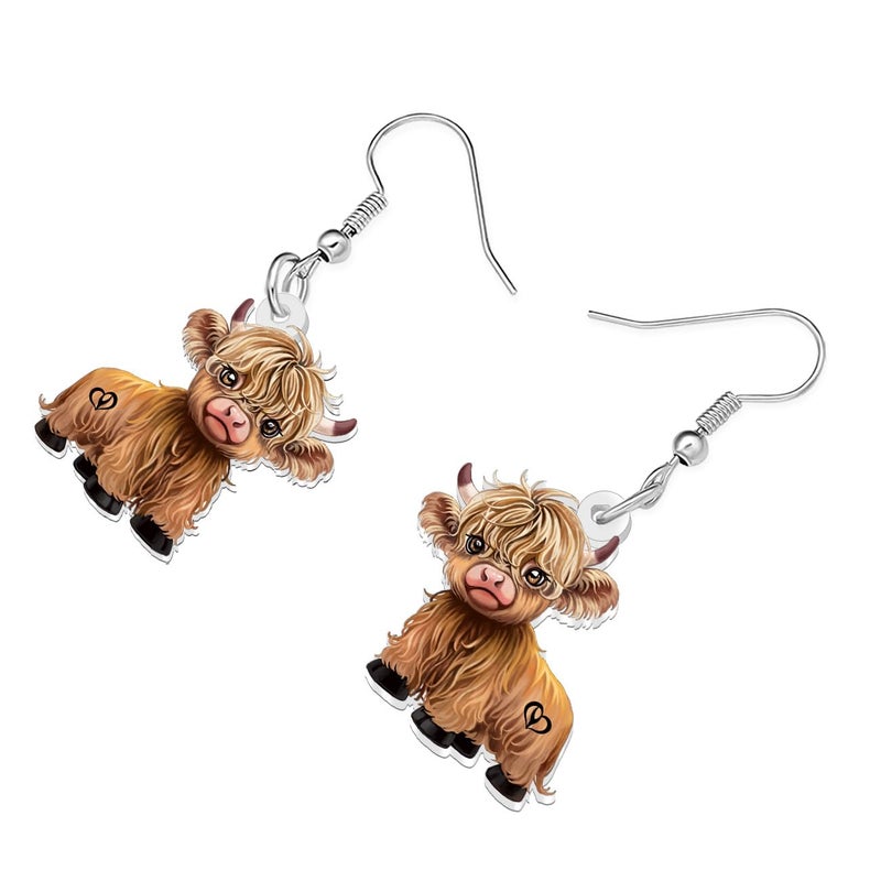 BONSNY Acrylic Highland Cow Earrings Dangle Gifts, Cute Cartoon Animal Design, Farm Animals Jewelry for Women Novelty Fun Hypoallergenic Charms (Brown) - Image 3