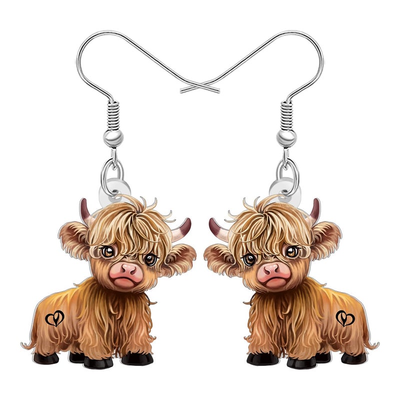 BONSNY Acrylic Highland Cow Earrings Dangle Gifts, Cute Cartoon Animal Design, Farm Animals Jewelry for Women Novelty Fun Hypoallergenic Charms (Brown) - Image 1