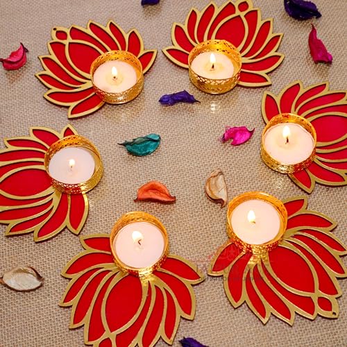 Jaipur Ace Decorative Diwali Tealight Diya | Traditional Handmade Lotus Candle Holder Rangoli Set for Home Decoration | Laxmi Pooja Set (Set of 6) - Image 5