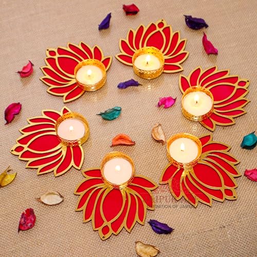 Jaipur Ace Decorative Diwali Tealight Diya | Traditional Handmade Lotus Candle Holder Rangoli Set for Home Decoration | Laxmi Pooja Set (Set of 6) - Image 3