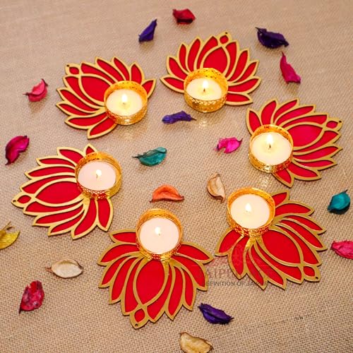 Jaipur Ace Decorative Diwali Tealight Diya | Traditional Handmade Lotus Candle Holder Rangoli Set for Home Decoration | Laxmi Pooja Set (Set of 6) - Image 1