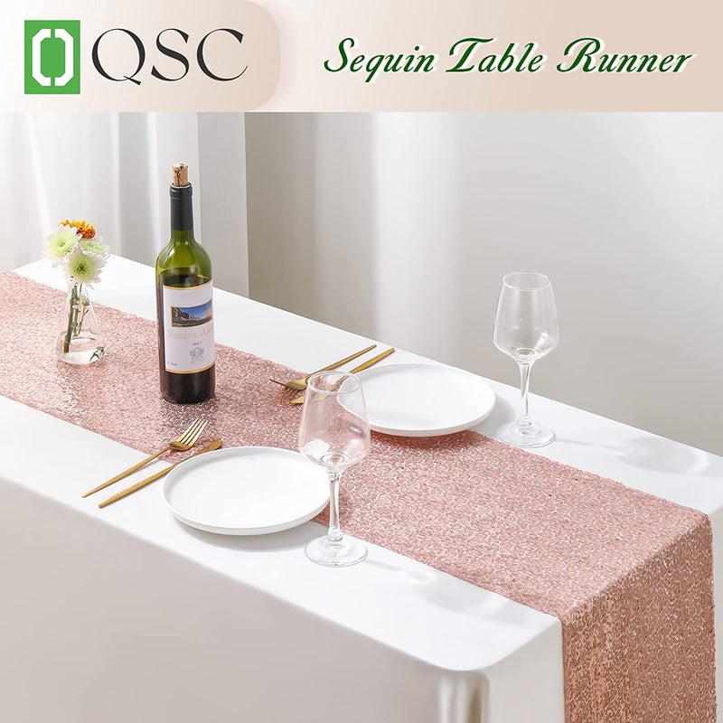 OQSC Sequin Table Runners 72 Inches Long Christmas Glitter Table Runner for Party  Wedding  Bridal Baby 2 Pcs  Rose Gold - Image 3