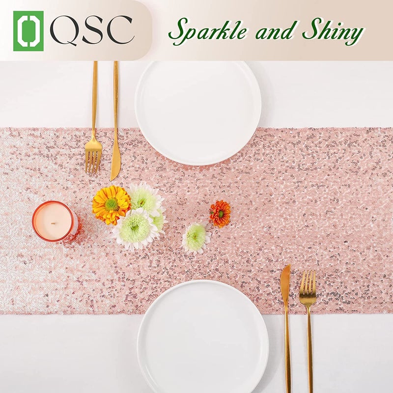 OQSC Sequin Table Runners 72 Inches Long Christmas Glitter Table Runner for Party  Wedding  Bridal Baby 2 Pcs  Rose Gold - Image 2