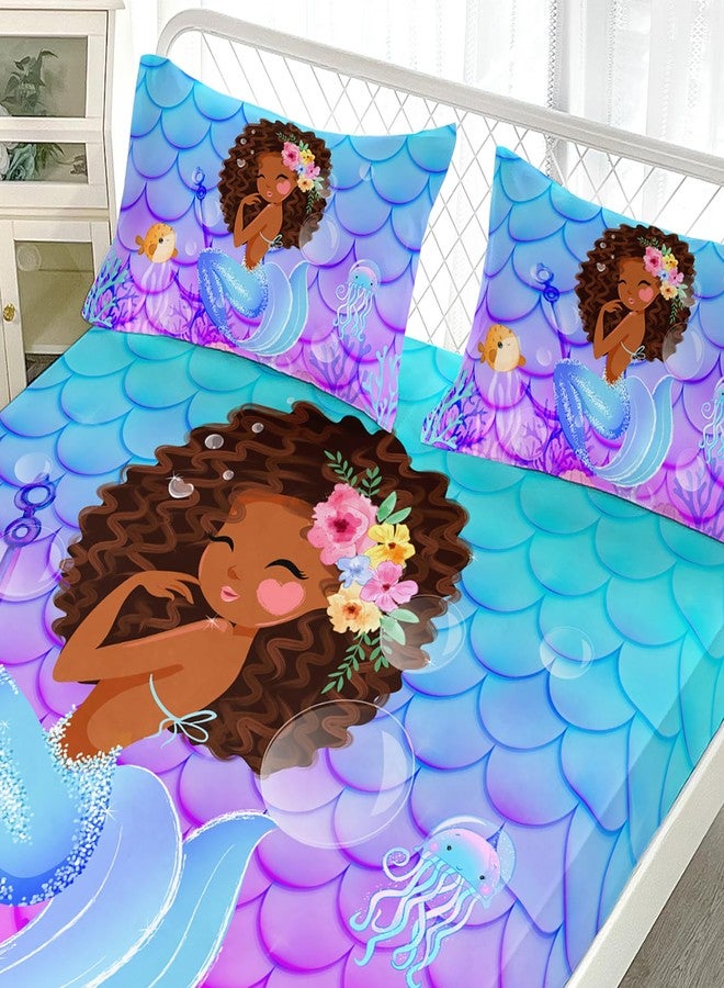 AILONEN Cute Mermaid Fitted Sheet for Kids Girls Twin Size, Little Black Girl Mermaid Bedding Sets,Ocean Theme Bed Sheets Set,Purple Blue Fish Scale Bedsheets Set,1 Fitted Sheet 2 Pillowcases,3 Pcs - Image 4