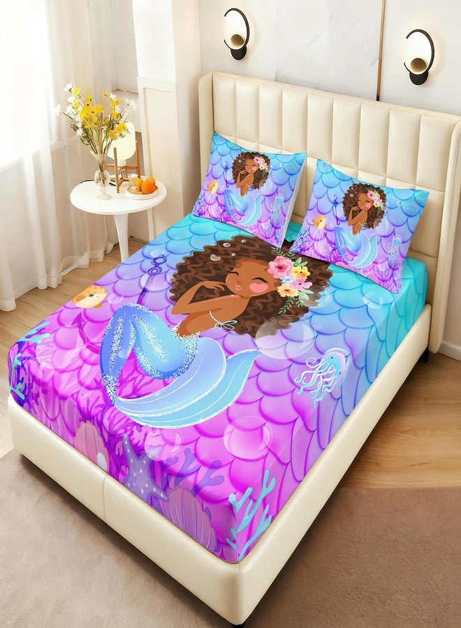 AILONEN Cute Mermaid Fitted Sheet for Kids Girls Twin Size, Little Black Girl Mermaid Bedding Sets,Ocean Theme Bed Sheets Set,Purple Blue Fish Scale Bedsheets Set,1 Fitted Sheet 2 Pillowcases,3 Pcs - Image 2