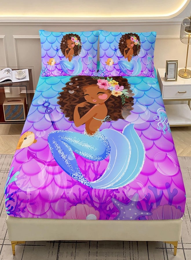 AILONEN Cute Mermaid Fitted Sheet for Kids Girls Twin Size, Little Black Girl Mermaid Bedding Sets,Ocean Theme Bed Sheets Set,Purple Blue Fish Scale Bedsheets Set,1 Fitted Sheet 2 Pillowcases,3 Pcs - Image 1