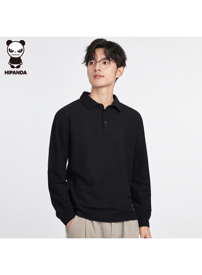 Hipanda Men's Long-sleeve Polo Shirt, Pique Cotton, Spring Fashion, Simple Basic Casual Top, Black, 4XL - Image 2