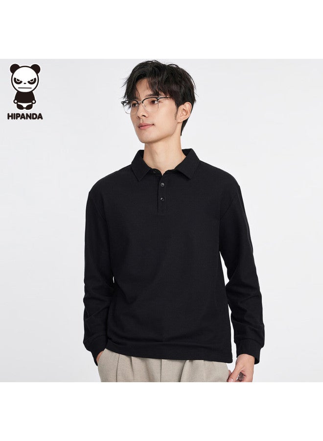 Hipanda Men's Long-sleeve Polo Shirt, Pique Cotton, Spring Fashion, Simple Basic Casual Top, Black, 4XL - Image 4