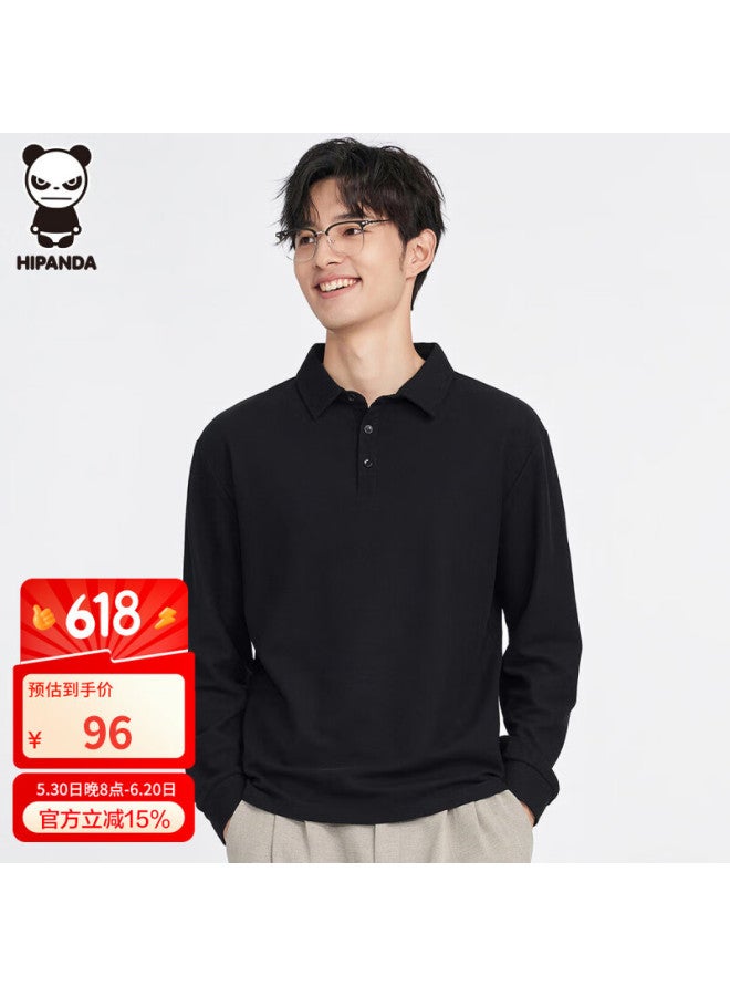 Hipanda Men's Long-sleeve Polo Shirt, Pique Cotton, Spring Fashion, Simple Basic Casual Top, Black, 4XL - Image 1