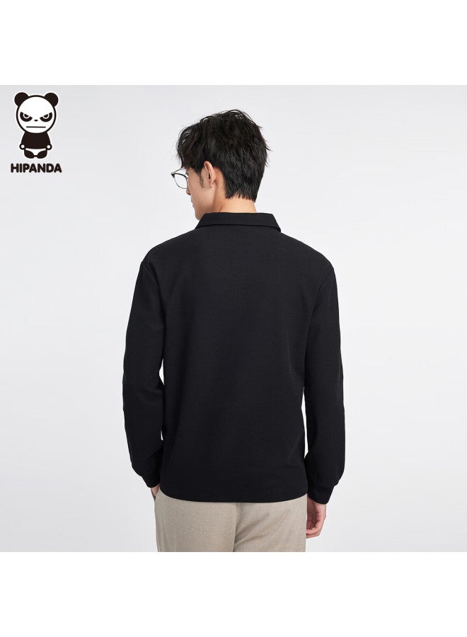 Hipanda Men's Long-sleeve Polo Shirt, Pique Cotton, Spring Fashion, Simple Basic Casual Top, Black, 4XL - Image 3
