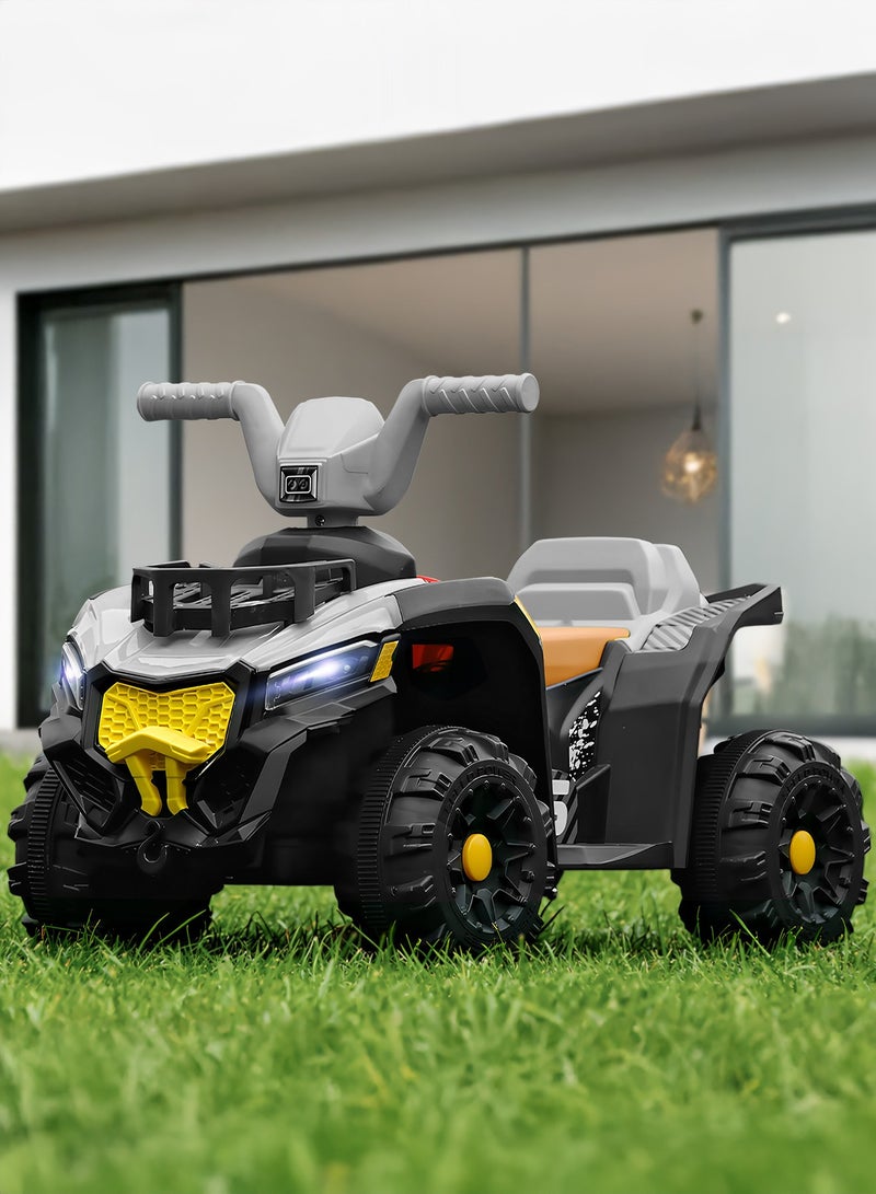 بيبي دراجة مادستر ATV تعمل بالبطارية للأطفال | دراجة أطفال قابلة لإعادة الشحن مزودة بإضاءة ومنفذ USB وموسيقى | دراجة أطفال للشاطئ ATV | دراجة كهربائية للأطفال من سنتين إلى خمس سنوات، لون رمادي - Image 1