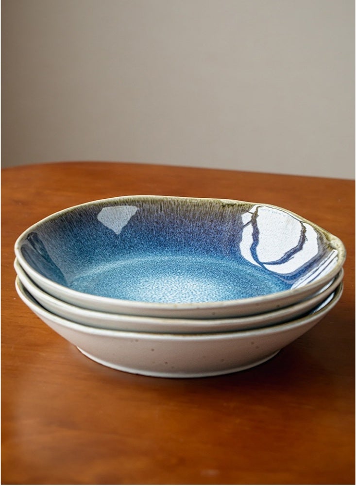 9 inches Chinese Style Retro Irregular Salad Bowl Creative Ceramic Tableware Kitchen Mixing Bowl Soup Bowls Stackable Vintage Pasta Bowls Personalized Crackle Glaze Condiment Dish Dishwasher and Microwave Safe Deep plate(Gradient Blue) - Image 4