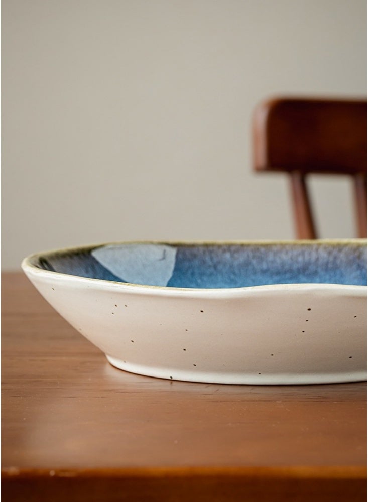 9 inches Chinese Style Retro Irregular Salad Bowl Creative Ceramic Tableware Kitchen Mixing Bowl Soup Bowls Stackable Vintage Pasta Bowls Personalized Crackle Glaze Condiment Dish Dishwasher and Microwave Safe Deep plate(Gradient Blue) - Image 5