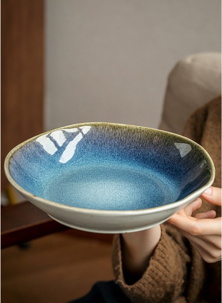 9 inches Chinese Style Retro Irregular Salad Bowl Creative Ceramic Tableware Kitchen Mixing Bowl Soup Bowls Stackable Vintage Pasta Bowls Personalized Crackle Glaze Condiment Dish Dishwasher and Microwave Safe Deep plate(Gradient Blue) - Image 1