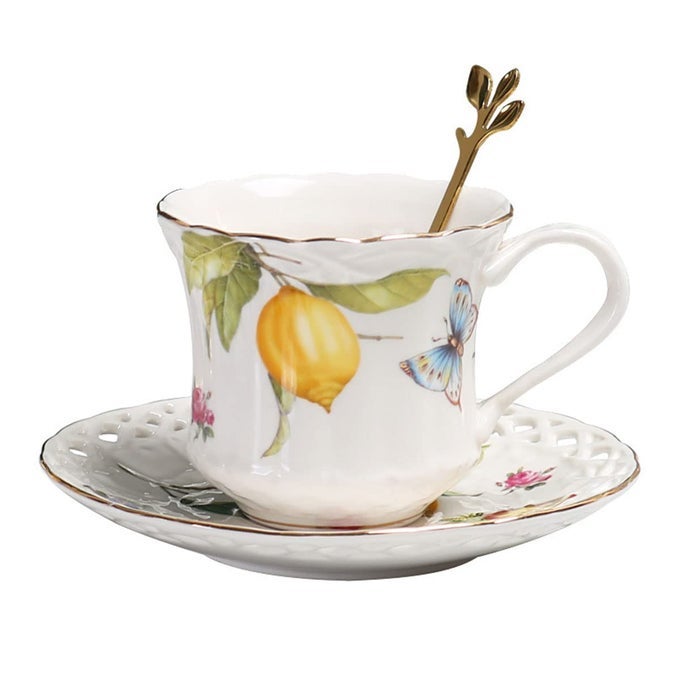 PORCELAIN CUP AND SAUCER SET WITH GOLDEN SPOON 6OZ TEA CUP COFFEE MUG LEMON AND BUTTERFLY PATTERN
