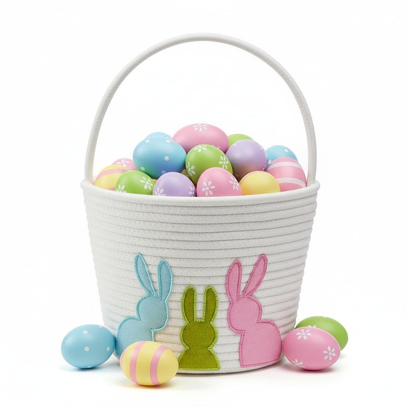 E-FirstFeeling Easter Baskets for Kids, Woven Easter Bunny Basket with Handle for Egg Hunt, Empty Easter Bucket Basket for Candy Gifts, Holiday Party Decorations (White) - Image 4
