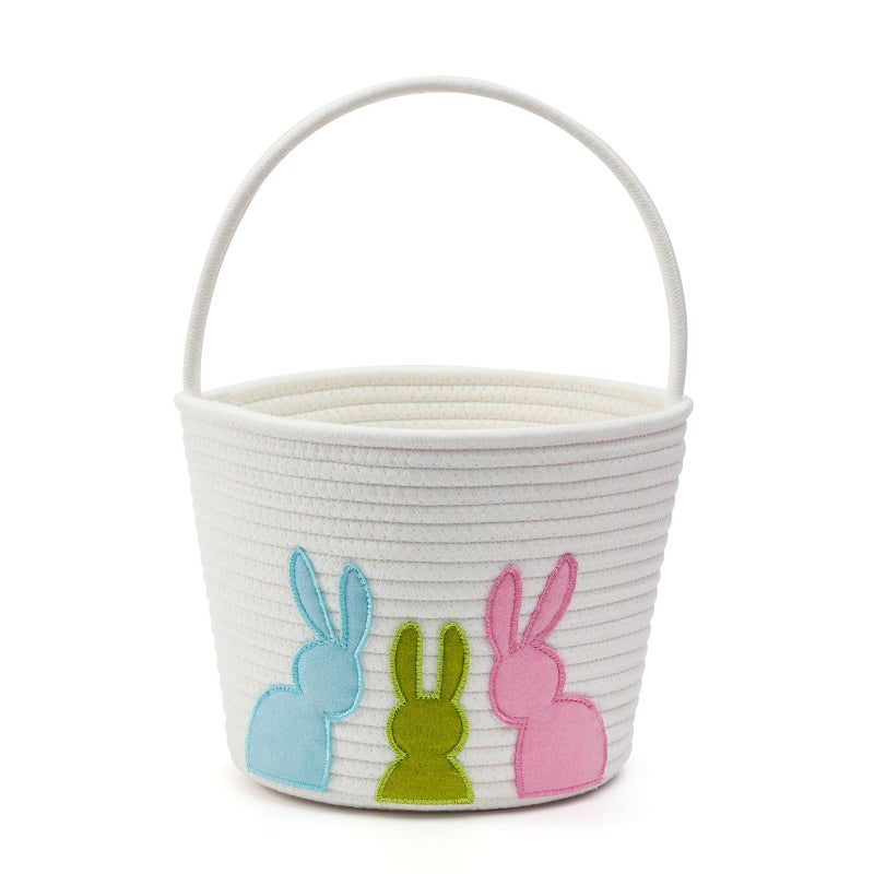 E-FirstFeeling Easter Baskets for Kids, Woven Easter Bunny Basket with Handle for Egg Hunt, Empty Easter Bucket Basket for Candy Gifts, Holiday Party Decorations (White) - Image 1