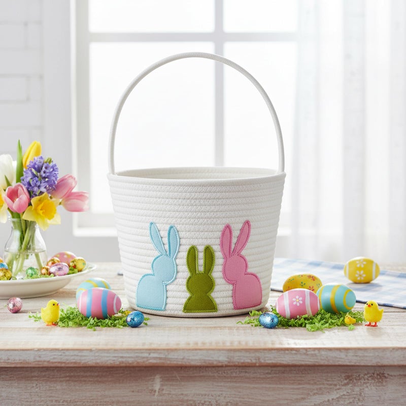 E-FirstFeeling Easter Baskets for Kids, Woven Easter Bunny Basket with Handle for Egg Hunt, Empty Easter Bucket Basket for Candy Gifts, Holiday Party Decorations (White) - Image 5