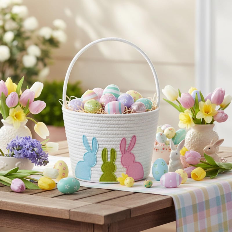 E-FirstFeeling Easter Baskets for Kids, Woven Easter Bunny Basket with Handle for Egg Hunt, Empty Easter Bucket Basket for Candy Gifts, Holiday Party Decorations (White) - Image 2