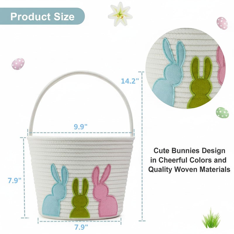 E-FirstFeeling Easter Baskets for Kids, Woven Easter Bunny Basket with Handle for Egg Hunt, Empty Easter Bucket Basket for Candy Gifts, Holiday Party Decorations (White) - Image 3