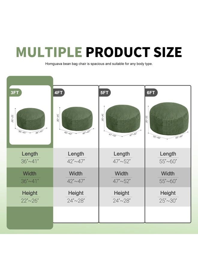 Homguava 3 FT Bean Bag Chair,3' Big Bean Bag,Large Bean Bag Chairs for Adults with Memory Foam Filled,Comfy Beanbag Chairs Soft Bean Bag Sofa with Dutch Corded Plush Cover-Green - Image 2