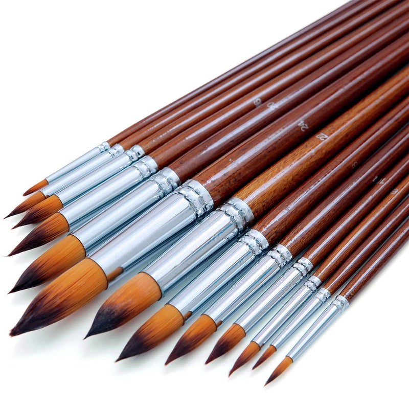 chrome Artist Watercolor Paint Brushes Set 13pcs - Round Pointed Tip Soft Anti-Shedding Nylon Hair Wood Long Handle - Image 1