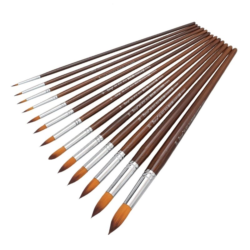 chrome Artist Watercolor Paint Brushes Set 13pcs - Round Pointed Tip Soft Anti-Shedding Nylon Hair Wood Long Handle - Image 4