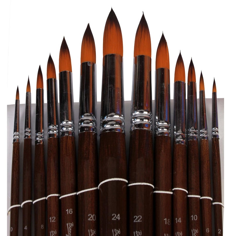 chrome Artist Watercolor Paint Brushes Set 13pcs - Round Pointed Tip Soft Anti-Shedding Nylon Hair Wood Long Handle - Image 3