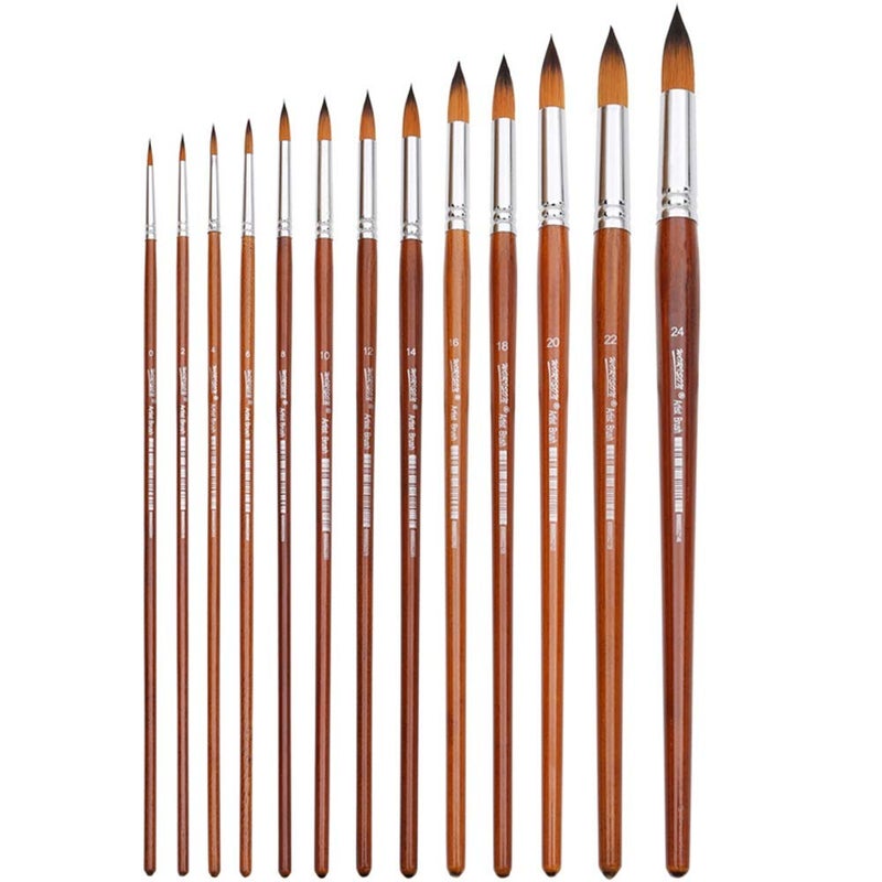 chrome Artist Watercolor Paint Brushes Set 13pcs - Round Pointed Tip Soft Anti-Shedding Nylon Hair Wood Long Handle - Image 2