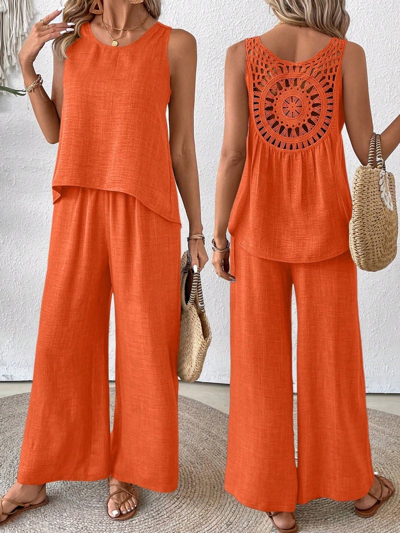 Women's Spring/Summer Solid Color Hollow-out Lace Two-piece Set - Casual Tank Top & Wide-leg Pants