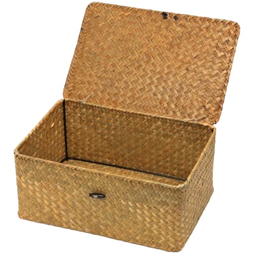 Wicker Storage Basket with Lid Natural Seagrass Woven Shelf Basket for Storage Rectangular Decorative Storage Bins Boxes Home Organizer Decor Natural Medium