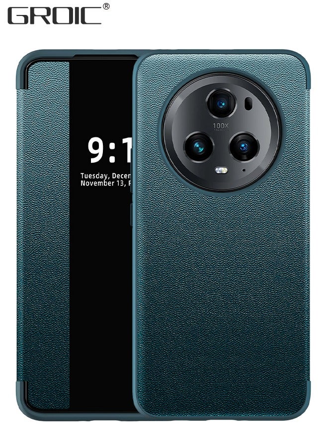 GROIC حافظة هاتف Honor Magic5 Pro، حافظة جلدية مع نافذة، غطاء قلاب مغناطيسي، غطاء هاتف بحامل نصف نافذة مقاس 6.81 بوصة أخضر - Image 1