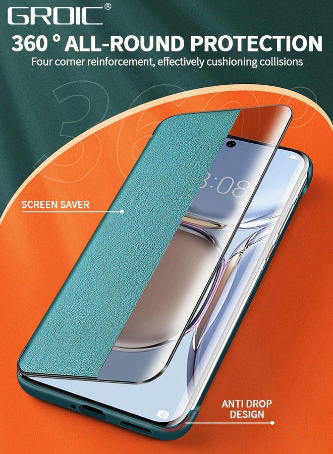 GROIC حافظة هاتف Honor Magic5 Pro، حافظة جلدية مع نافذة، غطاء قلاب مغناطيسي، غطاء هاتف بحامل نصف نافذة مقاس 6.81 بوصة أخضر - Image 3