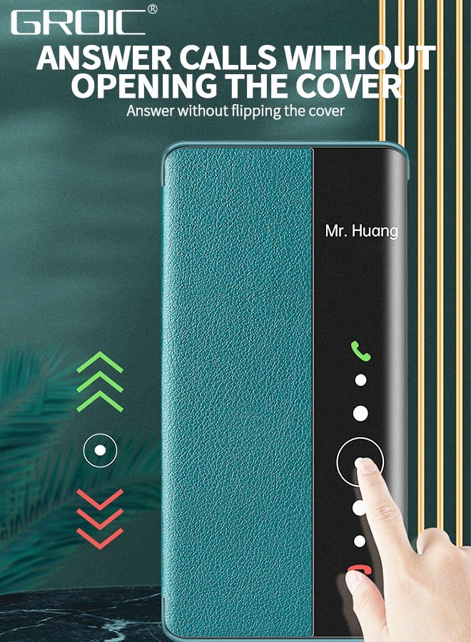 GROIC حافظة هاتف Honor Magic5 Pro، حافظة جلدية مع نافذة، غطاء قلاب مغناطيسي، غطاء هاتف بحامل نصف نافذة مقاس 6.81 بوصة أخضر - Image 4