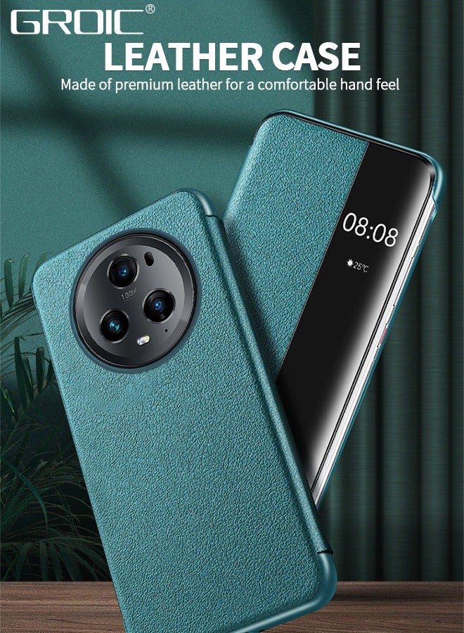 GROIC حافظة هاتف Honor Magic5 Pro، حافظة جلدية مع نافذة، غطاء قلاب مغناطيسي، غطاء هاتف بحامل نصف نافذة مقاس 6.81 بوصة أخضر - Image 2