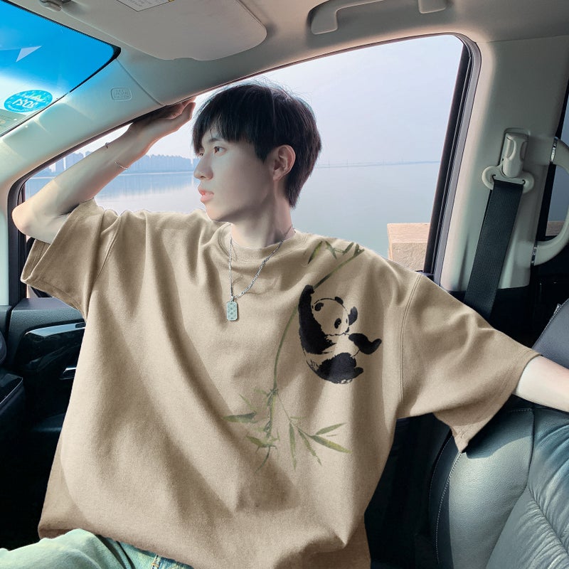New Chinese Style National Style Short-Sleeved T-Shirt Men'S Summer American Style Trendy Brand Panda Bamboo Printed Loose Plus Size Half-Sleeved T-Shirt - Image 1