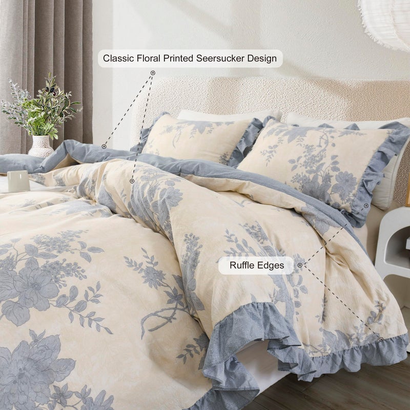 Oli Anderson 5 Piece Floral Comforter Set, Vintage Botanical Print Bedding Set, Farmhouse Lightweight Cottagecore Bed in a Bag with 1 Ruffle Flowers Comforter, 2 Pillowcases, 2 Pillows (Blue, King) - Image 3